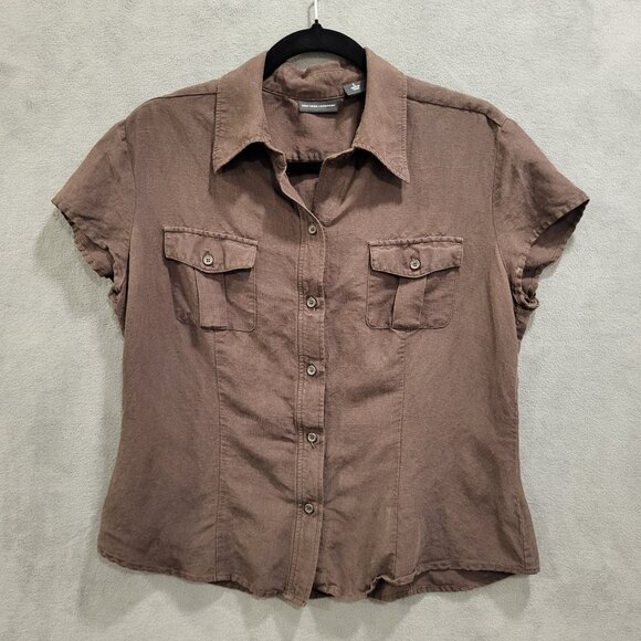 New York & Company Linen Blend Button Up Shirt Women's Size Large Short Sleeves‎ - Picture 1 of 6